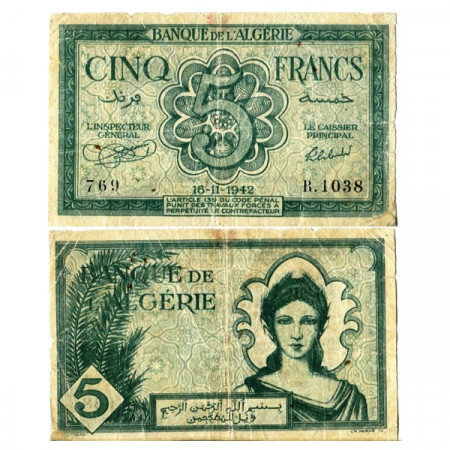 1942 * Banconota Algeria 5 Francs "Occupazione Alleata" (p91) MB