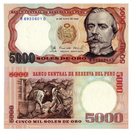 1985 * Banconota Perù 5000 Soles de Oro "Francisco Bolognesi - Bundesdruckerei" (p117c) FDS