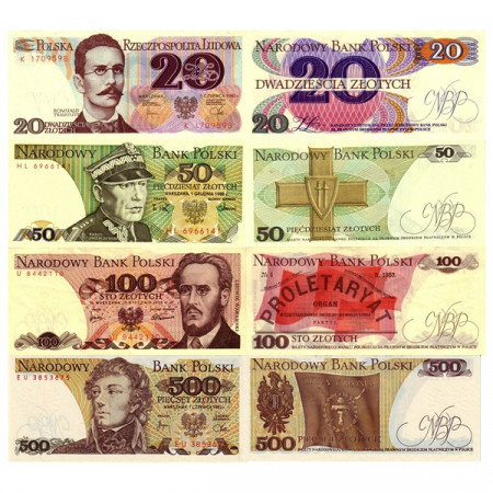 1975-88 * Set 4 Banconote Polonia 20, 50, 100, 500 Zlotych "Narodowy Bank" (p142, 143, 145, 149) FDS