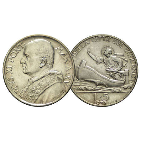 1936 XV * 5 Lire Argento Vaticano "Pio XI - San Pietro" (KM 7 G 27) BB+