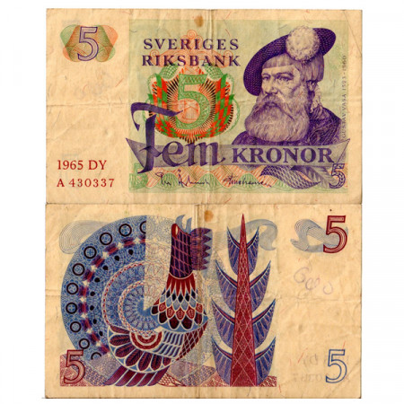 1965 * Banconota Svezia 5 Kronor "Kg Gustav Vasa" (p51a) MB+