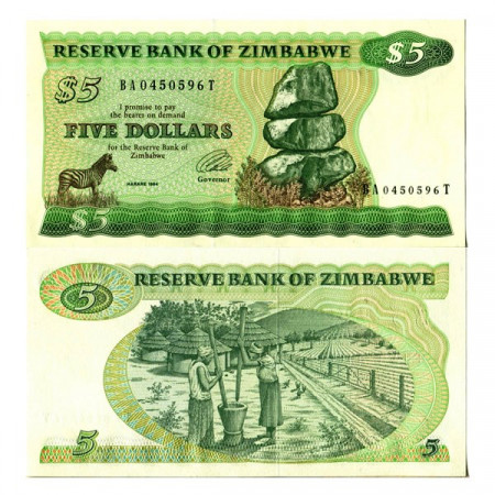 1994 * Banconota Zimbabwe 5 Dollars "Chiremba Rocks" (p2e) qFDS