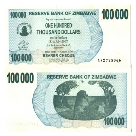 2006 (2007) * Banconota Zimbabwe 100.000 Dollars "Bearer Cheque" (p48b) FDS
