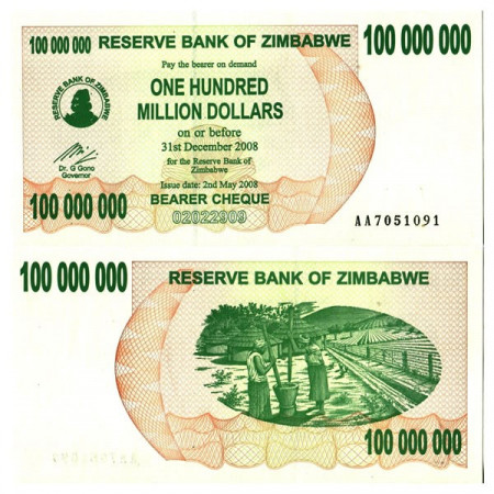 2008 * Banconota Zimbabwe 100 Milioni - 100.000.000 Dollars "Bearer Cheque" (p58) FDS