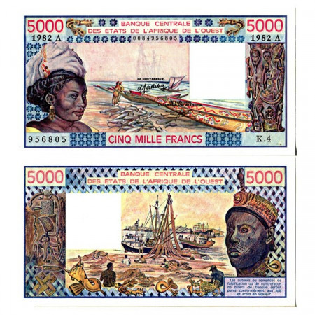 1982 A * Banconota Stati Africa Occidentale "Costa d'Avorio" 5000 Francs "Fishery" (p108Ai) qFDS