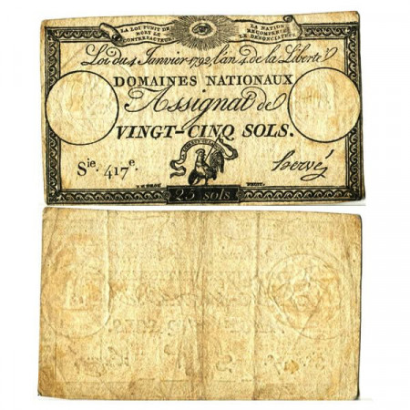 1792 * Banconota Francia 25 Sols "Assignat-Domaines Nationaux" (pA55) BB+