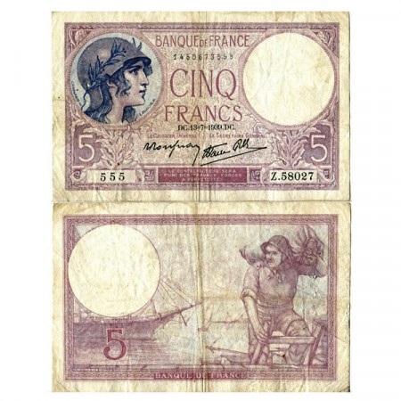 1939 * Banconota Francia 5 Francs "Helmeted Woman" (p83a) MB+