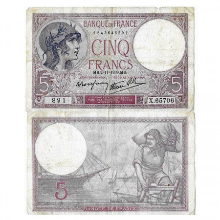 1939 * Banconota Francia 5 Francs "Helmeted Woman" (p83a) MB