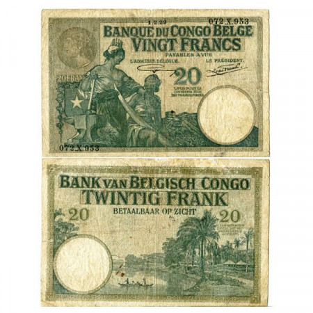 1929 * Banconota Congo Belga 20 Francs "Belgium - Colony" (p10f) MB+