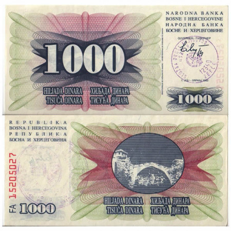 1992 * Banconota Bosnia-Erzegovina 1000 Dinara "Zepce" (p15x2) FDS