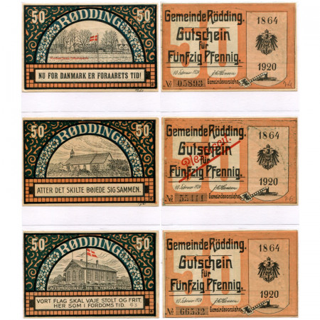 1920 * Set 3 Notgeld Germania 50 Pfennig "Schleswig del Nord (Danimarca) – Rodding" (1131.2)