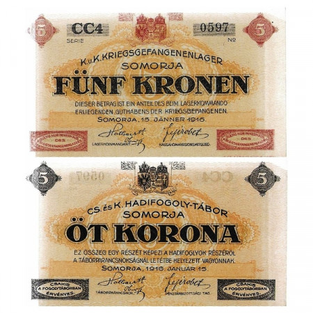 1916 * Banconota Austria Impero Austro-Ungarico 5 Kroner/Korona "Somorja - Campo Prigonia" (c1460) qFDS