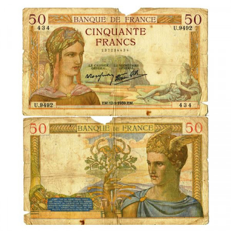 1939 * Banconota Francia 50 Francs "Ceres - Mercury" (p85b) B/MB