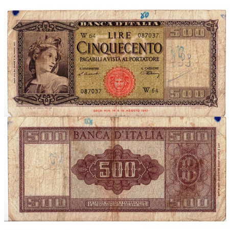 1947 (20/03) * Banconota Italia Repubblica 500 Lire "Ornata di Spighe - Sostitutiva" BI.544sp (p80ar) MB