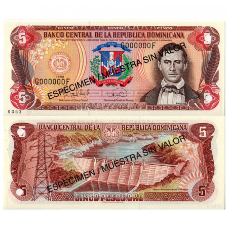 1996 * Banconota Repubblica Dominicana 5 Pesos Oro "Francisco dR Sánchez - SPECIMEN" (p152s) FDS