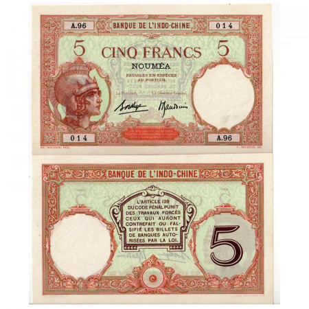 ND (ca. 1926) * Banconota Nuova Caledonia 5 Francs "Helmeted Woman" (p36b) qFDS