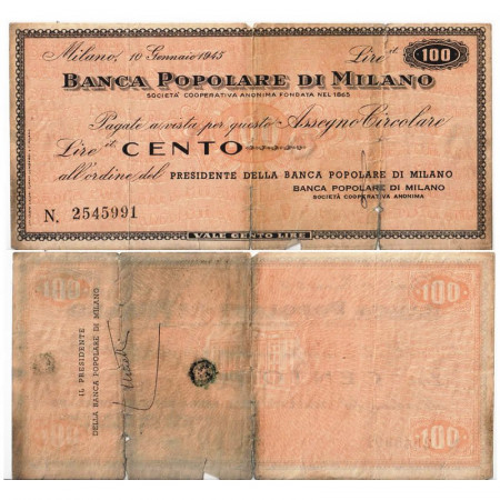 1945 * Assegno a Taglio Fisso Italia RSI 100 Lire "Banca Popolare di Milano" MB