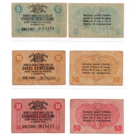 1918 * Set 3 Banconota Italia 5, 10, 50 Centesimi  "Buono di Cassa Veneta - Occupazione Austro-Tedesca" (pM1, 2, 3) MB/BB