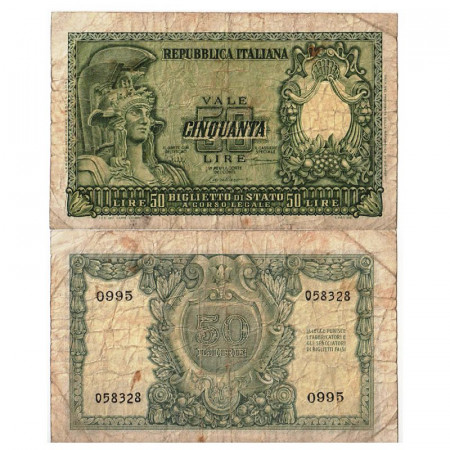 1951 * Banconota Italia Repubblica 50 Lire "Italia Elmata - Bolaffi" BS.267 (p91a) MB