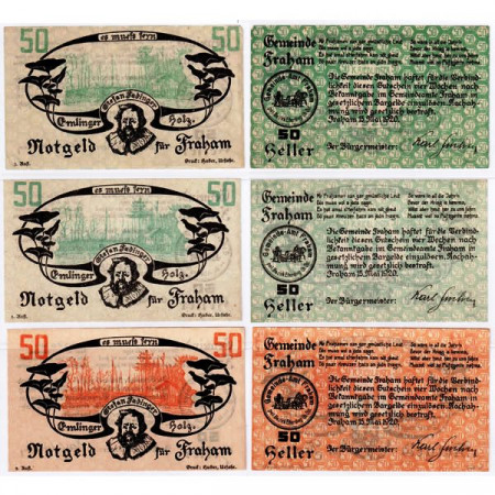 1920 * Set 3 Notgeld Austria 50 Heller "Alta Austria – Fraham" (FS 205)