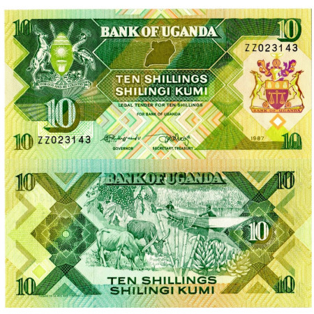 1987 * Banconota Uganda 10 Shillings "Wildlife  - SOSTITUTIVA" (p28r) FDS