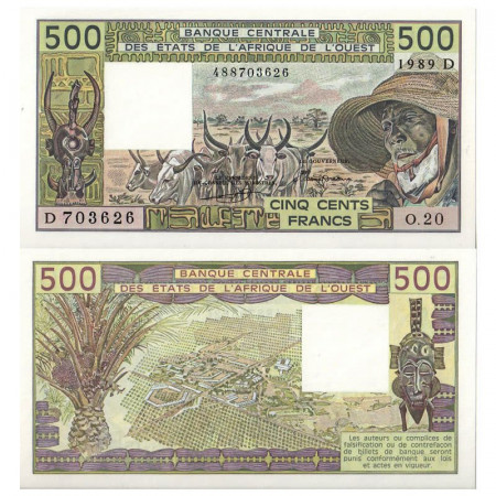 1989 D * Banconota Stati Africa Occidentale "Mali" 500 Francs "Zebus" (p405Dh) FDS