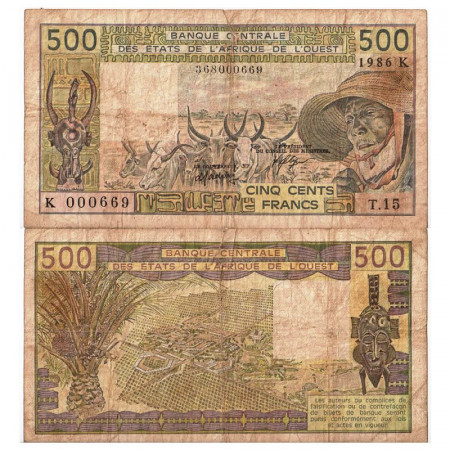 1986 K * Banconota Stati Africa Occidentale "Senegal" 500 Francs "Zebus" (p706Ki) MB