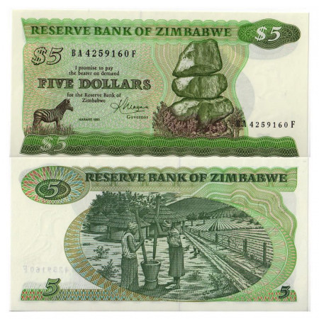 1983 * Banconota Zimbabwe 5 Dollars "Chiremba Rocks" (p2c) FDS