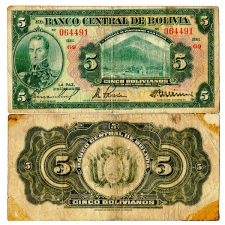 L. 1928 * Banconota Bolivia 5 Bolivianos "S Bolivar" (p120a) MB
