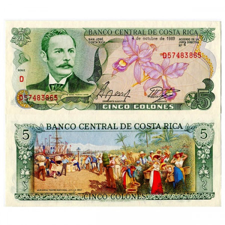 1989 * Banconota Costa Rica 5 Colones "Rafael Y Castro" (p236d) FDS