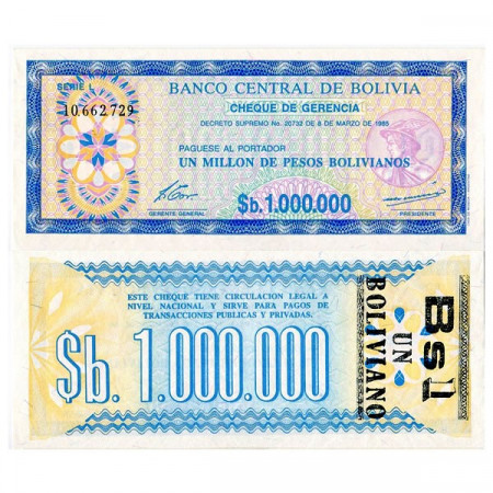 ND (1987) * Banconota Bolivia 1 Boliviano on 1.000.000 Pesos B "Cheque de Gerencia" (p199) FDS