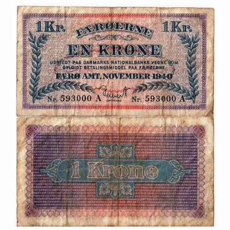1940 * Banconota Isole Faroe - Faroe Islands  1 Krone "Emergency Issue" (p9) MB