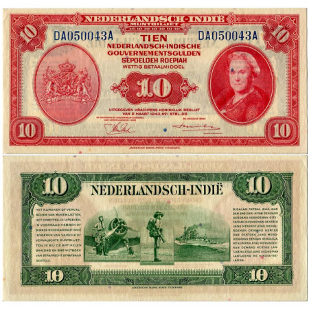 1943 * Banconota Indie Olandesi 10 Gulden "Regina Guglielmina" (p114a) qFDS