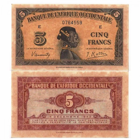 1942 * Banconota Africa Occidentale Francese - French West Africa 5 Francs "WWII Issue" (p28a) FDS