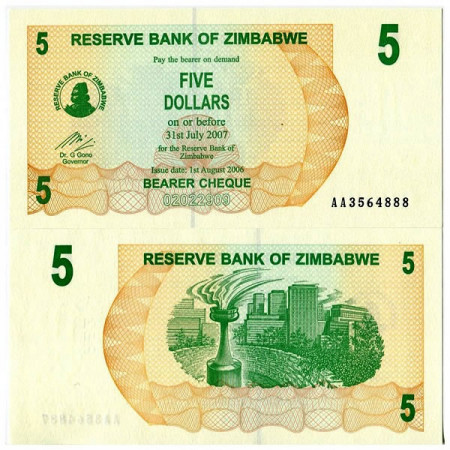 2006 (2007) * Banconota Zimbabwe 5 Dollari "Bearer Cheque" (p38) FDS