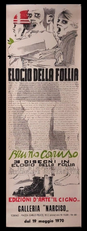 1970 * Poster Art Original "Elogio della Follia, Bruno CARUSO - Galleria Narciso, Torino" Italy (B)