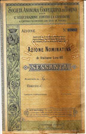 1893 * Named Share “Società Anonima Cooperativa di Torino” NON EMESSA Lire 60