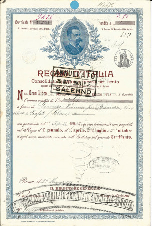 1899 * Public Debt - Kingdom of Italy "Humbert I  – Salerno Blue"