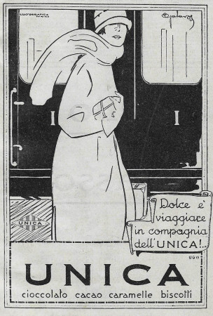 1928 * Advertising Original "Unica - Cioccolato, Cacao, Caramelle, Biscotti" in Passepartout