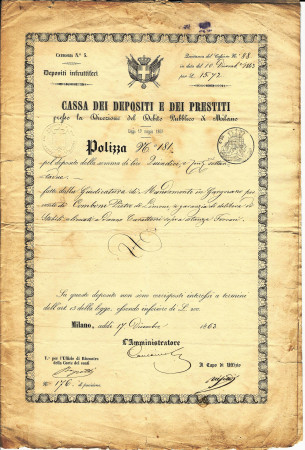 1863 * Insurance “Cassa Dei Depositi e Dei Prestiti” Milano