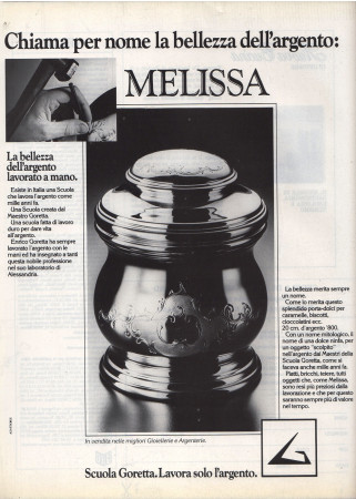 80's * Advertising Original "Scuola Goretta Lavorazione Argento, Porta Dolci Melissa" in Passepartout"