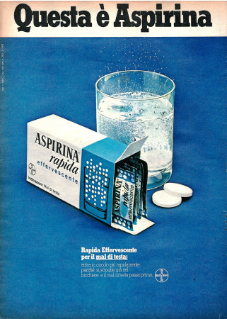 70's * Advertising Original "Bayer Aspirina Rapida Effervescente per Il Mal di Testa" in Passepartout