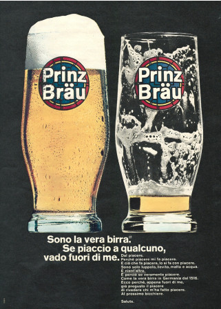 Anni '60 * Advertising Original "Prinz Brau Birra, Sono La Vera Birra, Bicchiere Pieno + Vuoto" in Passepartout