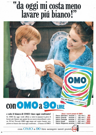 60' s * Advertising Original "Omo Detersivo Per Bucato, "Da Oggi Mi Costa Meno Lavare Più Bianco!"" in Passepartout