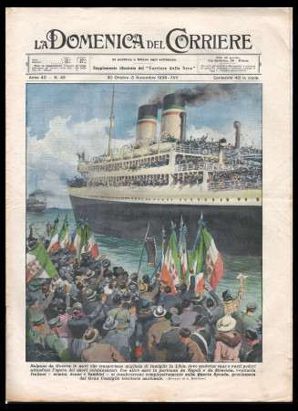 1938 * La Domenica Del Corriere (N°45) "Navi Colonizzatori Salpano da Genova" Original Magazine