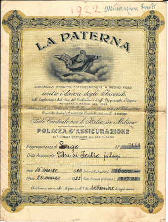 1922 * Fire Insurance “La Paterna Milano” Lugo