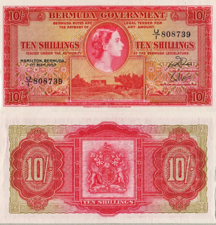 1952 * Banknote Bermuda 10 Shillings "Elizabeth II" (p19b) XF+