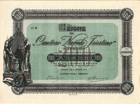 1919 * Share “Cantiere Navale Triestino” Green Lire 200