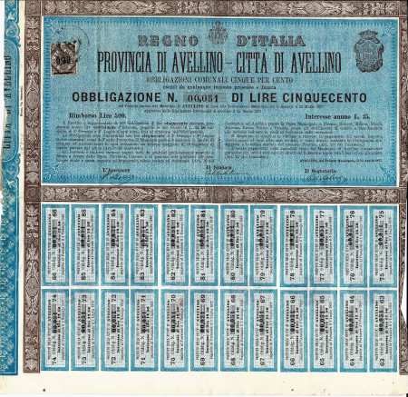 1877 * Bond “Kingdom Italy – Avellino” Lire 500