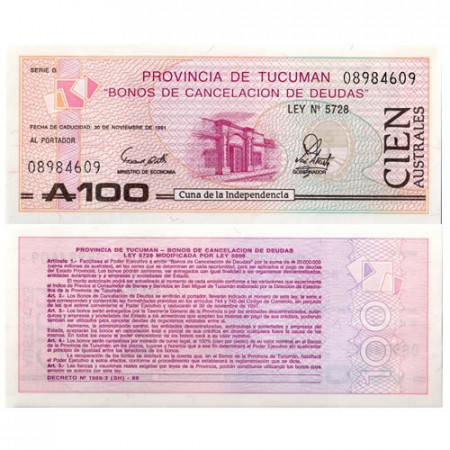 1991 * Buono de Cancelacion de Deuda Argentina 100 Australes "Provincia de Tucuman" (pS2715) UNC